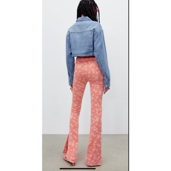 Zara Women’s Orange Daisy Print Flare Pant Sz S Split Hem Retro 70s Boho - Picture 2 of 13